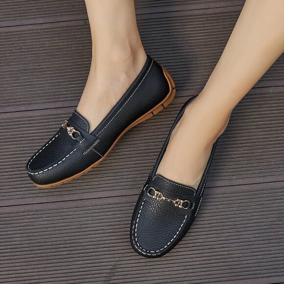 Kordal Women's Black Leather Gold Accent Buckle Slip-Ons Walking Flats Loafers - Picture 7 of 9